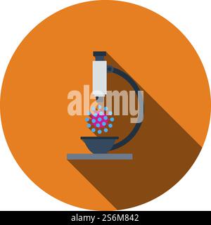 Research Coronavirus By Microscope Icon. Flat Circle Stencil Design With Long Shadow. Vector Illustration. Stock Vector
