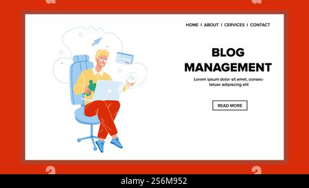 Blog Management Service Man Occupation Vector. Coder Blog Management Business On Laptop, Creating And Coding Website. Character Sitting On Chair And Working Web Flat Cartoon Illustration. Blog Management Service Man Occupation Vector Stock Vector