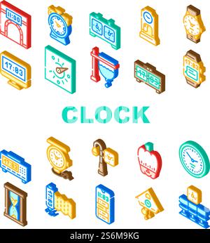 Clock And Watch Time Equipment Icons Set Vector. Floor Antique Clock And Digital Hand Gadget, Chess Game Tool And Gps Device, Sandy And Sundial, Mechanical Isometric Sign Color Illustrations. Clock And Watch Time Equipment Icons Set Vector Stock Vector