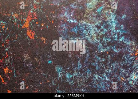 Macro background photography of wallpaper, textured dark vinyl with blue, purple, orange pattern, abstract frame, empty template, blank Stock Photo