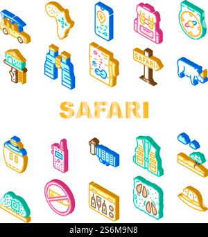 Safari African Hunting Vacation Icons Set Vector. Rhinoceros Animal Hunt In Safari And Hunter Equipment, Compass And Binoculars Tool, Walkie-talkie And Flask Drink Isometric Sign Color Illustrations. Safari African Hunting Vacation Icons Set Vector Stock Vector