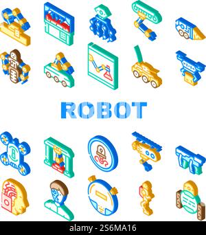 Robot Future Electronic Equipment Icons Set Vector. Military And Underwater Robot, Vacuum Cleaner And Cyborg, Nanorobot Drone, Robotic Arm Doing Surgery Operation Isometric Sign Color Illustrations. Robot Future Electronic Equipment Icons Set Vector Stock Vector