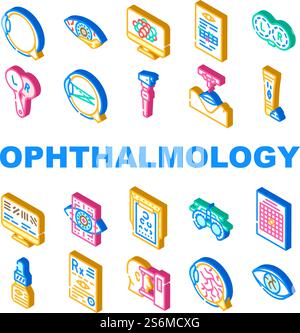 Ophthalmology Eye Disease Treat Icons Set Vector. Amsler Table And Retinoscope, Lasser Correction And Trial Frame Medicine Ophthalmology Hospital Equipment Isometric Sign Color Illustrations. Ophthalmology Eye Disease Treat Icons Set Vector Stock Vector