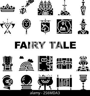 Fairy Tale Story Medieval Book Icons Set Vector. Castle And Knight Armour Equipment, Magician And Witch Fairy Tale Character, Magic Mirror And Glass Sphere, Dragon Glyph Pictograms Black Illustrations. Fairy Tale Story Medieval Book Icons Set Vector Stock Vector