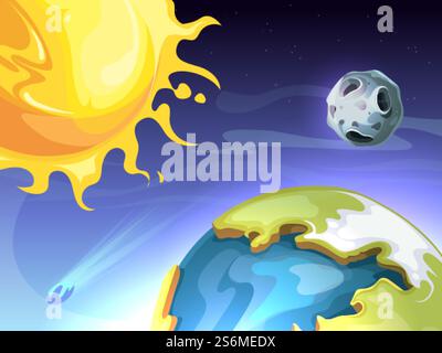 Solar system. Sun earth moon in space, astronomy universe background. Cartoon planets, cosmos with meteorite vector illustration. Meteorite and moon, exploration orbiting image. Solar system. Sun earth moon in space, astronomy universe background. Cartoon planets, cosmos with meteorite vector illustration Stock Vector