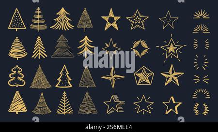 Christmas decorations pack. Doodle xmas tree, stars and burst. Decorative holiday new year vector cards, invitation. Decoration doodle scribble cartoon, drawn sketch christmas texture illustration. Christmas decorations pack. Doodle xmas tree, stars and burst. Decorative holiday new year vector elements for cards, background invitations Stock Vector
