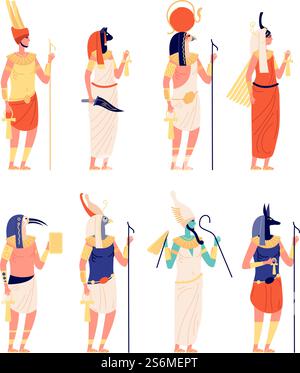 Egypt characters. Ancients egyptian god, old culture goddess. Osiris anubis statues, cartoon historical vector collection. Goddess ancient, anubis sacred and antique egyptian mythological illustration. Egypt characters. Ancients egyptian god, old culture goddess. Osiris horus anubis statues, cartoon historical symbols utter vector collection Stock Vector