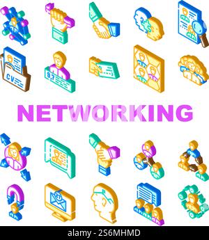 Networking Global Communication Icons Set Vector. People Networking Connection And Discussion, Cards Exchange And Direction Choice, Personal Rating And Team Work Isometric Sign Color Illustrations. Networking Global Communication Icons Set Vector Stock Vector