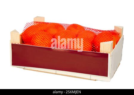 Clementines in a wooden box cropped on a white background Stock Photo