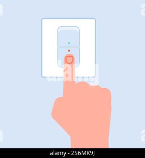 Hand toggles switch. Lights turned, finger touching electric switch. Energy savings, press on off, save power on earth utter vector concept. Illustration switch off energy, toggle light power. Hand toggles switch. Lights turned, finger touching electric switch. Energy savings, press on off, save power on earth utter vector concept Stock Vector