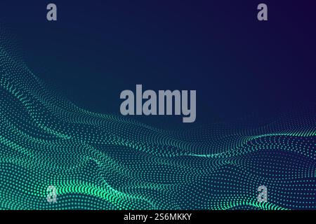 Dots particle waves. Digital surface, abstract data cyber information background. 3d dynamic flow, technology music recent vector banner. Surface wave connection visualization information illustration. Dots particle waves. Digital surface, abstract data cyber information background. 3d dynamic flow, technology music recent vector banner Stock Vector