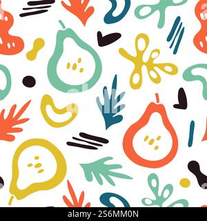 Trendy pears background. Doodle fruits, abstract plants texture. Contemporary fashion print, trendy drawing eco vector seamless pattern. Pear trendy abstract pattern doodle, fruit summer. Trendy pears background. Doodle fruits, abstract plants texture. Contemporary fashion print, trendy drawing eco vector seamless pattern Stock Vector