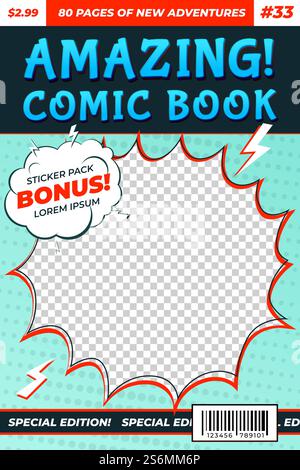 Comic book cover. Comics template, funny image magazine card. Cartoon superhero flyer title page, recent bubble boom frame vector background. Illustration amazing magazine page with explosion cloud. Comic book cover. Comics template, funny image magazine card. Cartoon superhero flyer title page, recent bubble boom frame vector background Stock Vector