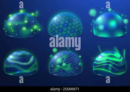 Transparent protection. Safety shield, energy bubbles for protect. Security fields with grid future, abstract 3d sphere recent vector set. Transparent protection. Safety shield, energy bubbles for protect. Security fields with grid future, abstract 3d sphere recent vector Stock Vector