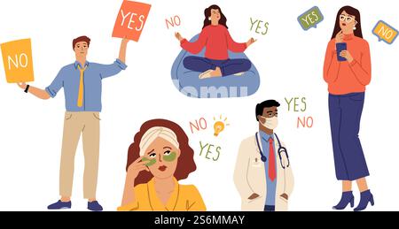 People choose yes or no. Diverse characters, doctor manager beauty woman. Accept or reject, consent or refusal, choice and decision making vector . Illustration select correct, solution and choice. People choose yes or no. Diverse characters, doctor manager beauty woman thinking. Accept or reject, consent or refusal, difficult choice and decision making vector concept Stock Vector