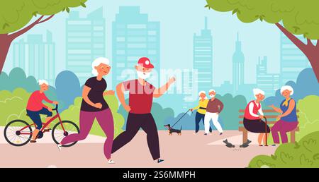 Elderly in park. Old people, senior healthy lifestyle. Retired family walk, cartoon grandparents summer recreation decent vector concept. Senior old in park siiting on bench and walking illustration. Elderly in park. Old people, senior healthy nature lifestyle. Retired family walk, cartoon grandparents summer recreation decent vector concept Stock Vector