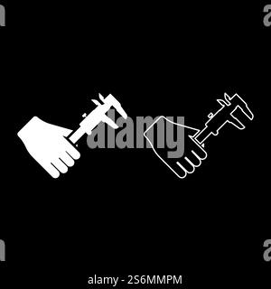 Calliper in hand Caliper in arm Measuring device measure use icon white color vector illustration flat style simple image set. Calliper in hand Caliper in arm Measuring device measure use icon white color vector illustration flat style image set Stock Vector