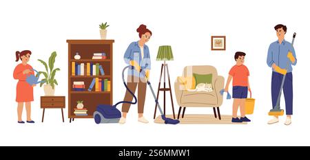 People cleaning home. Family living room, mom daughter doing house work. Householding, kids adult housekeeping swanky vector concept. Together housekeeping at home, housework clean illustration. People cleaning home. Family living room, mom daughter doing house work together. Householding, kids adult housekeeping swanky vector concept Stock Vector