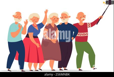 Seniors group. Old people, elderly friends together doing selfie. Happy cartoon modern grandparents using smartphone decent vector. Senior elderly, selfie people grandpa and grandmother illustration. Seniors group. Old people, elderly friends together doing selfie. Happy cartoon modern grandparents using smartphone decent vector concept Stock Vector