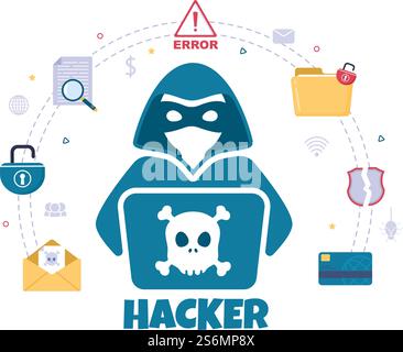 Hacker Using Computer Server to Activity Hacked Database, Network Storage, Social Account, Credit Card or Security. Background Vector Illustration Stock Vector
