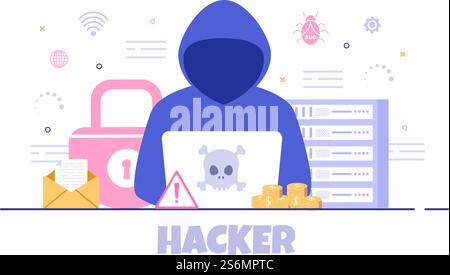 Hacker Using Computer Server to Activity Hacked Database, Network Storage, Social Account, Credit Card or Security. Background Vector Illustration Stock Vector