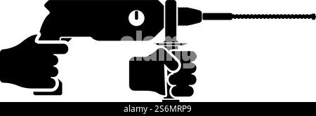 Electric rotary hammer drill in hand holding tool use Arm using Power tool icon black color vector illustration flat style simple image. Electric rotary hammer drill in hand holding tool use Arm using Power tool icon black color vector illustration flat style image Stock Vector