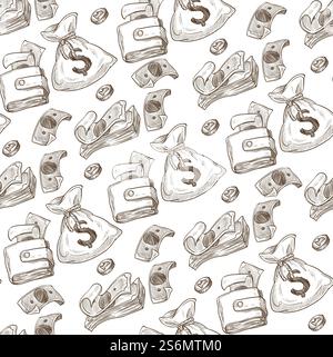 Wallets and purses with money, bags filled with cash coins and banknotes seamless pattern. Investment or savings, finance and banking. Precious metal. Monochrome sketch outline, vector in flat style. Bags and wallets filled with money seamless pattern Stock Vector