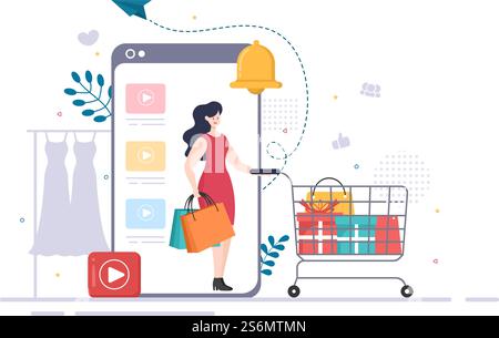 Video Beauty Blogger Content Creator Background of Making Clothing, Dress, Fashion, Online Shopping Flat Design Vector Illustration Stock Vector