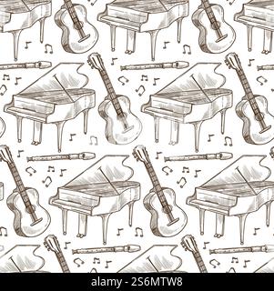 Musical instruments seamless pattern, acoustic guitar and piano, flute and melody signs. Classic music concert or performance, orchestra entertainment. Monochrome sketch outline, vector in flat style. Acoustic guitar, flute and piano musical instruments seamless pattern Stock Vector