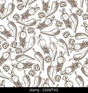 Hot chilli pepper slices and whole product seamless pattern. Organic ingredient for spicy food dishes. Cayenne for cooking traditional cuisine. Monochrome sketch outline, vector in flat style. Spicy herbs hot chilli pepper colorless seamless pattern Stock Vector