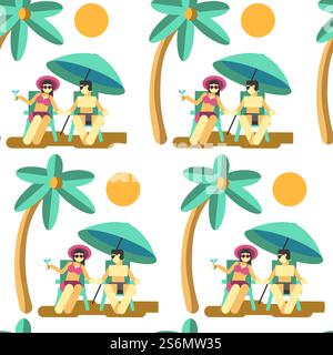 Man and woman drinking cocktails and relaxing by seaside seamless pattern of summer holidays. Female and male characters sitting in shade of umbrella and palm tree foliage, vector in flat style. Couple relaxing by seaside on summer vacation seamless pattern Stock Vector