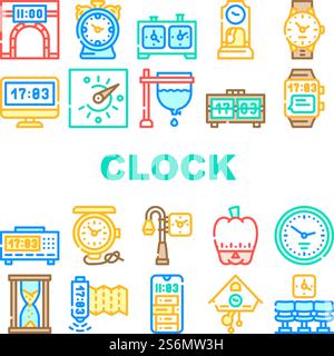 Clock And Watch Time Equipment Icons Set Vector. Floor Antique Clock And Digital Hand Gadget, Chess Game Tool And Gps Device, Sandy And Sundial, Mechanical And Electronic Line. Color Illustrations. Clock And Watch Time Equipment Icons Set Vector Stock Vector