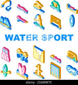 Water Sports Active Occupation Icons Set Vector. Kayak And Sap Board, Freediving Pool And Swimming, Volleyball And Basketball Water Sports, Fishing And Spearfishing Isometric Sign Color Illustrations. Water Sports Active Occupation Icons Set Vector Stock Vector