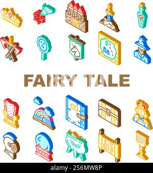 Fairy Tale Story Medieval Book Icons Set Vector. Castle And Knight Armour Equipment, Magician And Witch Fairy Tale Character, Magic Mirror And Glass Sphere, King Isometric Sign Color Illustrations. Fairy Tale Story Medieval Book Icons Set Vector Stock Vector