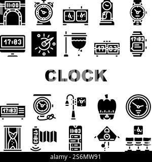 Clock And Watch Time Equipment Icons Set Vector. Floor Antique Clock And Digital Hand Gadget, Chess Game Tool And Gps Device, Sandy And Sundial, Electronic Glyph Pictograms Black Illustrations. Clock And Watch Time Equipment Icons Set Vector Stock Vector