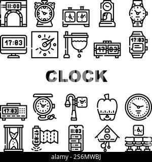 Clock And Watch Time Equipment Icons Set Vector. Floor Antique Clock And Digital Hand Gadget, Chess Game Tool And Gps Device, Sandy And Sundial, Mechanical And Electronic Contour Illustrations. Clock And Watch Time Equipment Icons Set Vector Stock Vector