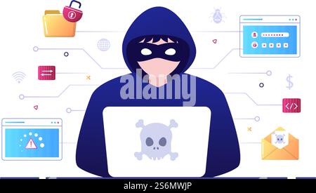 Hacker Using Computer Server to Activity Hacked Database, Network Storage, Social Account, Credit Card or Security. Background Vector Illustration Stock Vector