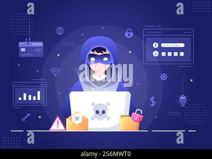 Hacker Using Computer Server to Activity Hacked Database, Network Storage, Social Account, Credit Card or Security. Background Vector Illustration Stock Vector