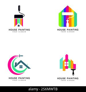 Home painting decoration and repair service of multi color icons. vector logo  label emblem design.concept for home decoration building house construction and coloring Stock Vector