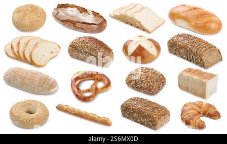 Collection of different types of bread Breads baked goods rolls cropped cropped isolated against a white background Stock Photo