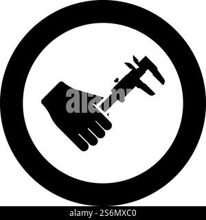 Calliper in hand Caliper in arm Measuring device measure use icon in circle round black color vector illustration solid outline style simple image. Calliper in hand Caliper in arm Measuring device measure use icon in circle round black color vector illustration solid outline style image Stock Vector