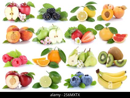 fruits apple orange berries banana oranges strawberry fruit fresh fruit collage cutout isolated in front of a white background Stock Photo