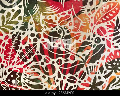Random colorful floral and leaves abstract pattern silhouette superimposed with red, green, and yellow gradient background. Illustration of leaves Stock Photo
