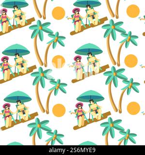 Boyfriend and girlfriend relaxing under shade of umbrella palm tree seamless pattern. Man and woman drinking cocktails on summer vacations, holidays of man and woman personages, vector in flat style. Man and woman on summer vacation by seaside seamless pattern Stock Vector
