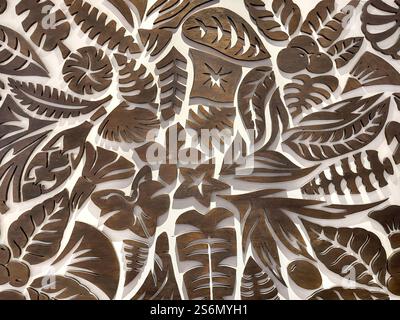 3d laser cut pattern and shape of leaves, coffee beans, flower, and peanut in dark natural wood finish, isolated on white background. Stock Photo