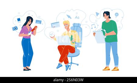 User Generated Content Ugc Workers Business Vector. Man And Woman Advertising Organization Of Site And Web Management Application Ugc Professional Occupation. Characters Flat Cartoon Illustration. User Generated Content Ugc Workers Business Vector Stock Vector