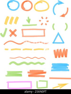 Colored marker highlights. Drawing strokes elements round and square frames transparent stripped lines scribble vector templates. Stroke marker highlight, brush drawn underline illustration. Colored marker highlights. Drawing strokes elements round and square frames transparent stripped lines scribble vector templates Stock Vector