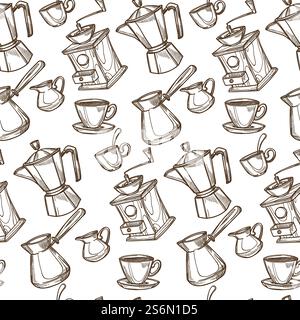 Cezve for making coffee, machine and grinder for beans seamless pattern. Aromatic beverage poured in cup. Coffeemaker and mug with hot drink. Monochrome sketch outline, vector in flat style. Coffee grinder and machine, turkish pot seamless pattern Stock Vector