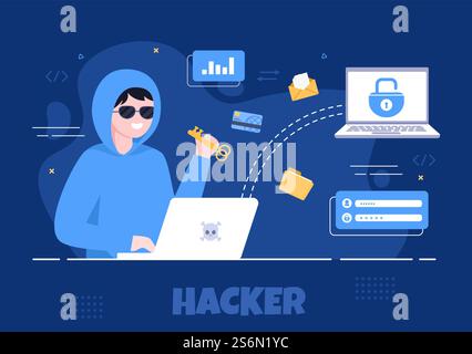 Hacker Using Computer Server to Activity Hacked Database, Network Storage, Social Account, Credit Card or Security. Background Vector Illustration Stock Vector