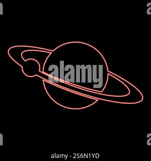 Neon planet with satellite on the ring red color vector illustration flat style light image. Neon planet with satellite on the ring red color vector illustration flat style image Stock Vector